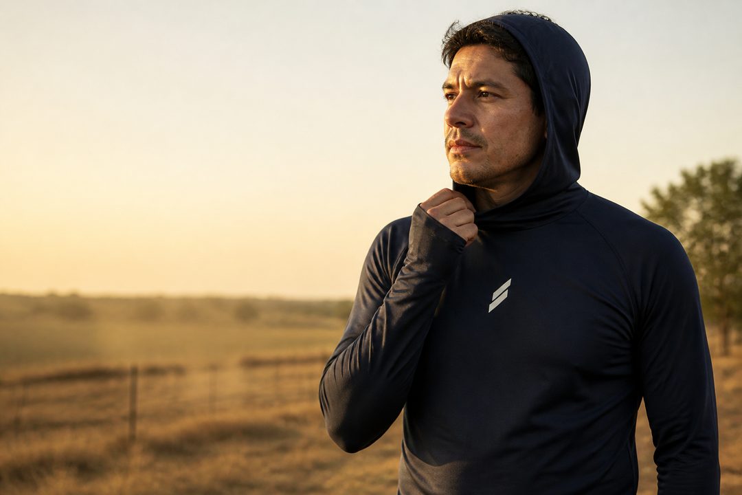 Hombre con la playera Levante bajando la máscara al final del día en el campo