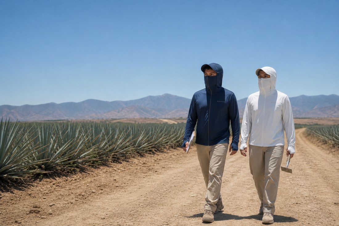 Dos trabajadores con la chaqueta Siroco caminando entre campos de agave